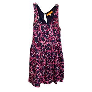 Cynthia Steffe Women's Fit & Flare Dress Sleeveless Pink Geo Silk Low Neck Sz 12